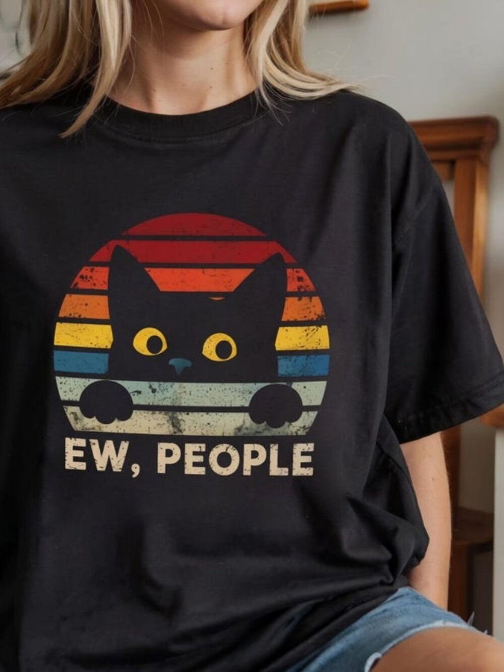 Ew People Black Cat T-shirt, Funny Introvert Cat Tee